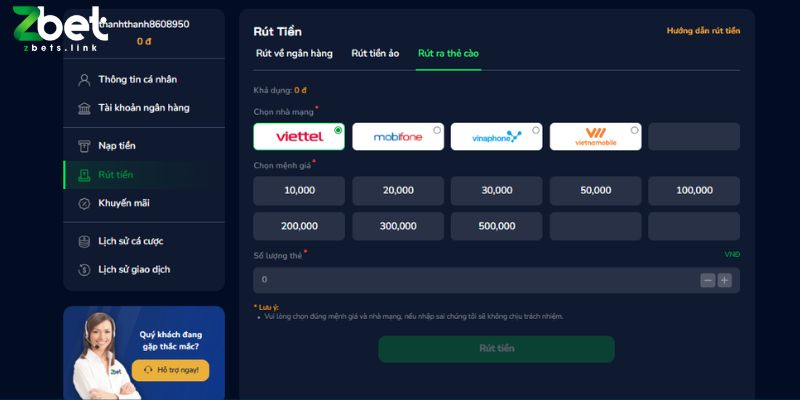 Rút tiền zbet qua thẻ cào